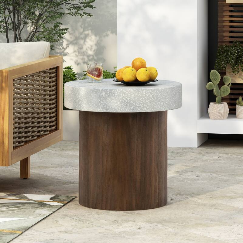 MGO Coffee Table Compact Side Table Plant Stand with Antique White Faux Stone Textured Top and Brown Faux Wood Textured Base