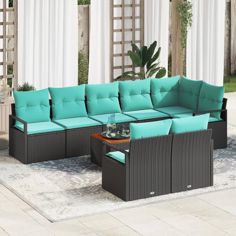 vidaXL 9 Piece Garden Sofa Set with Cushions Black Poly Rattan Acacia - 113×48×27.2