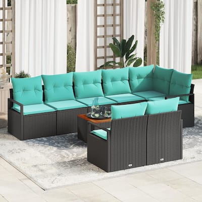 vidaXL 9 Piece Garden Sofa Set with Cushions Black Poly Rattan Acacia - 113×48×27.2