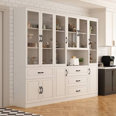 78.7"Modular White Curio Bookcase Cabinet w/Glass Doors Buffet Display