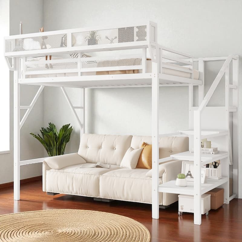 Twin Size Loft Bed with Stairs and Storage Shelves, Metal High Loft Bed with Wardrobe for Kids and Teens