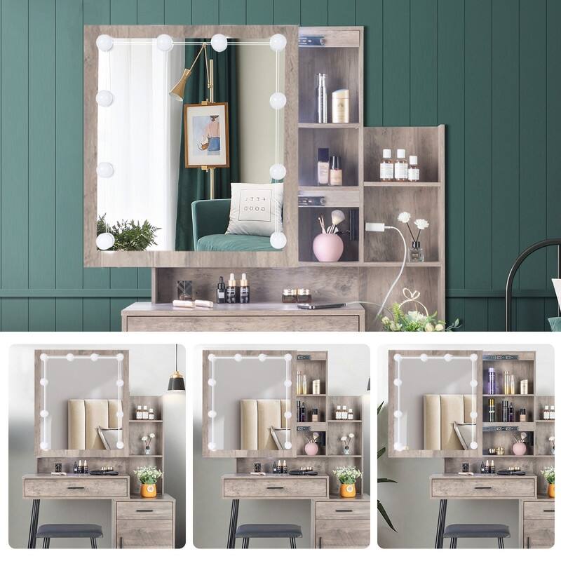 FCH Mirror Cabinet 3 Modes Lighting Dressing Table Set Grey