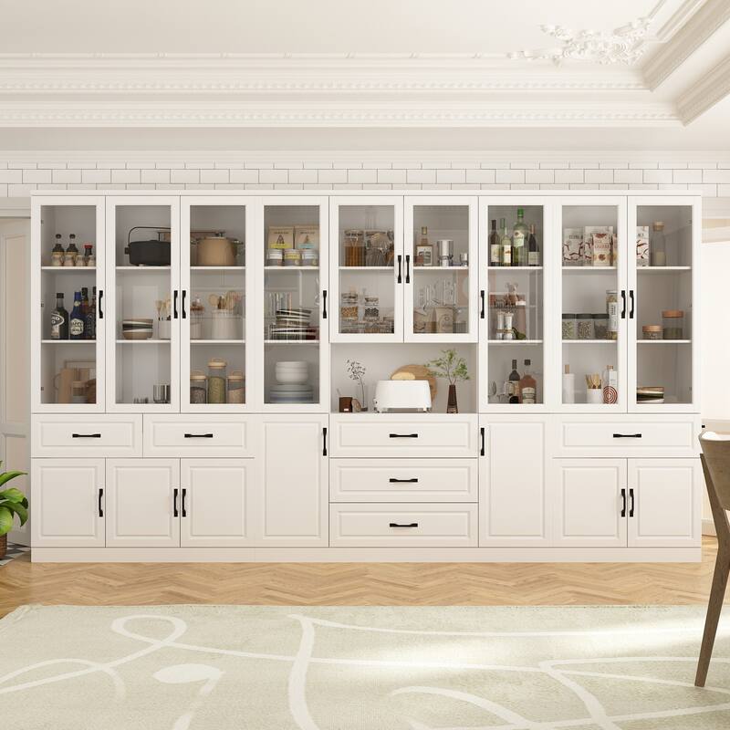 78.7" Large Combo Storage Cabinet Display Bookcase Glass Doors Pantry - 141.7"W
