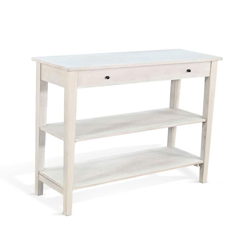 Pela Sofa Console Table, 42 Inch Top, 2 Shelves, Light Gray Solid Wood