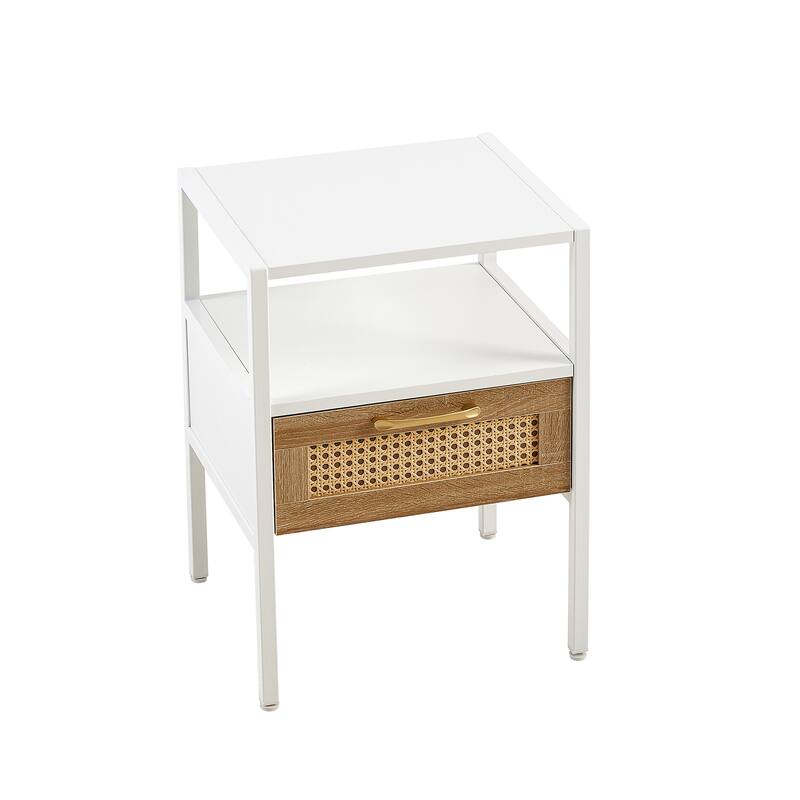 Set of 2 Rattan End Tables with Drawer, 15.75" Nightstands with Metal Legs for Living Room & Bedroom, Natural & White Finish