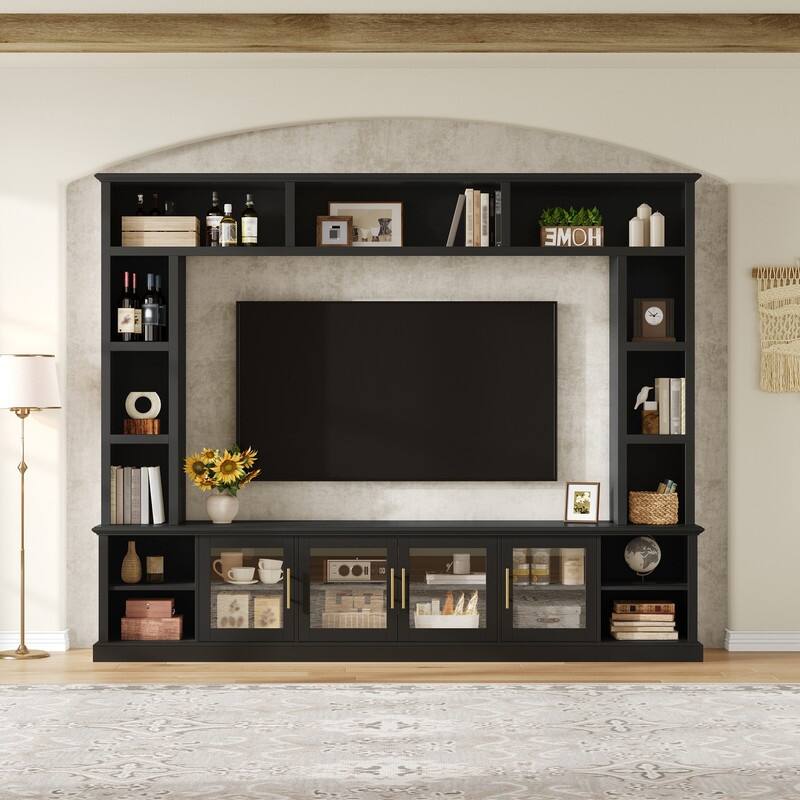 Modern Entertainment Center Wall Unit for TVs up to 80", One-Piece 95.1" TV Console Unit with Bookshelves & Tempered Glass Doors - Black