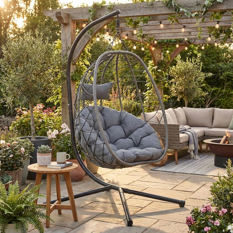 Summit Hanging Egg Swing Chair with Foldable Shell for Patio Balcony Backyard Garden Porch Home Office