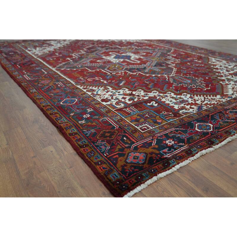 Red Geometric Heriz Serapi Persian Vintage Rug Handmade Wool Carpet - 7'5" x 9'11" - 7'5" x 9'11" - Red