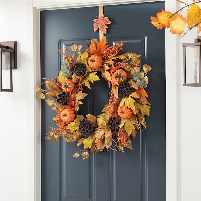 Glitzhome 24"D Fall Pumpkin Sunflower Lotus Floral & Wreath for Thanksgiving