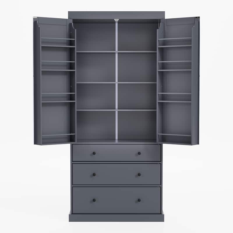 7inch Farmhouse Kitchen Pantry, Freestanding Tall Cupboard Storage Cabinet with 3 Adjustable Shelves, 8 Door Shelves, 3 Drawers