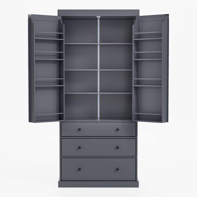 Kitchen Pantry Cabinet with 8 Doors Shelves, Wood Storage Cabinet with 3 Storage Drawers, Cupboard with Adjustable Shelves