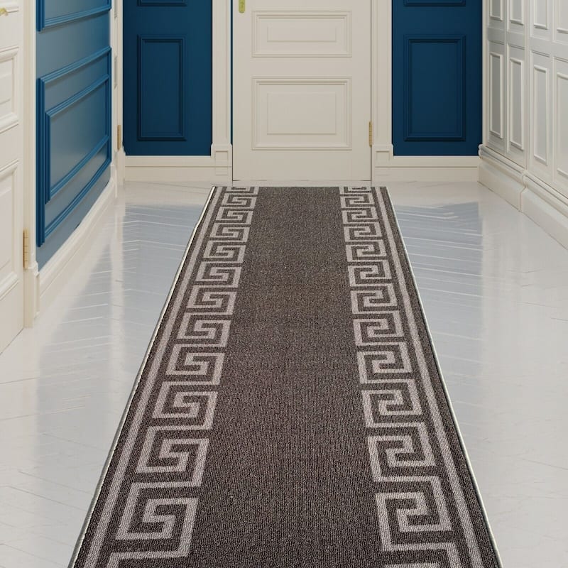 Custom Size Greek Key Design Gray ,Dark Gray Color Non-Slip Rubber Backing-26 Inch WidexYour Choice of Length Runner Rug