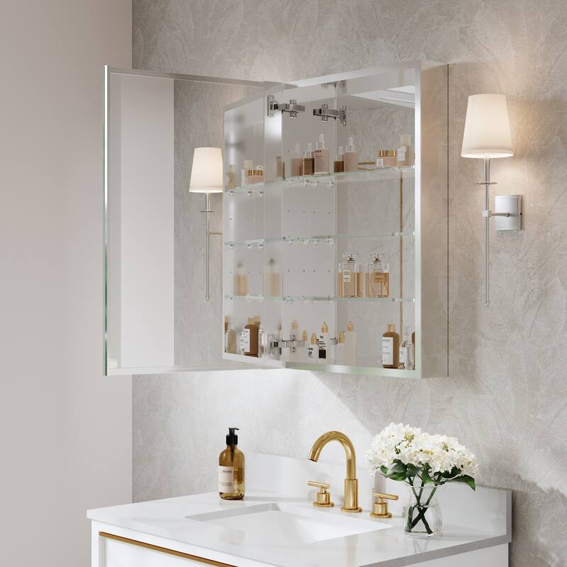 Recessed or Surface Wall Mount Bathroom Medicine Cabinet With Adjustable Glass Shelves
