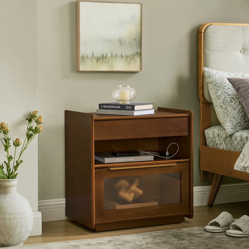 Mid-Century Modern Nightstand with USB Charging Station‌ - End Table Featuring 2 Drawers, Open Shelf & Glass-Front Cabinet