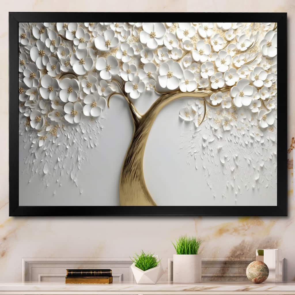 Designart "White Orchid Tree Garden Of Branches V" Tree Floral Framed Canvas Wall Art