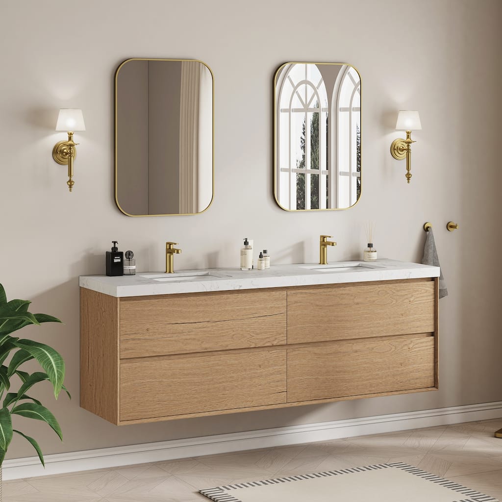 Sylphar 72 inch Bathroom Vanity with Sink, Floating Oak Cabinet with Stone Top