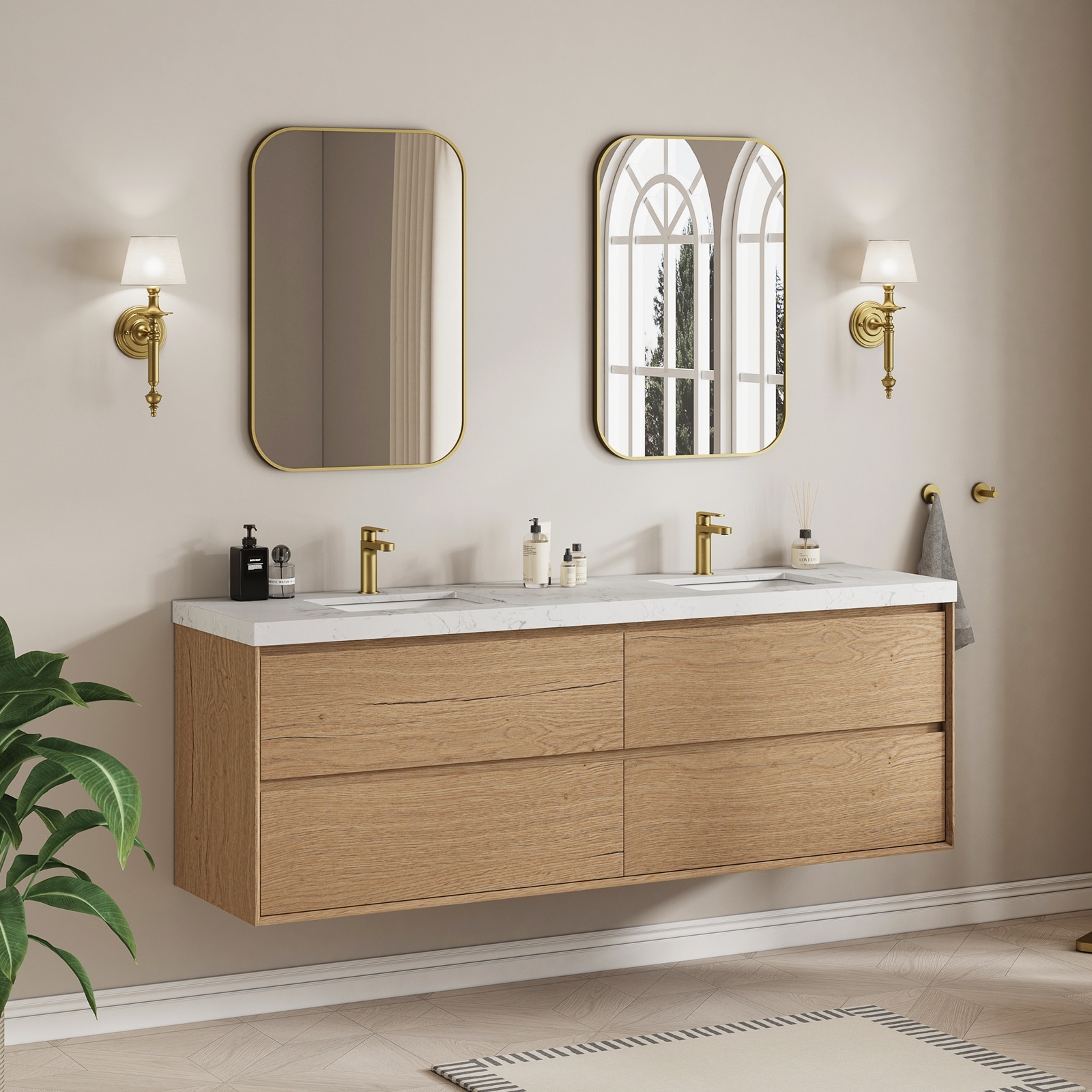 Sylphar 72 inch Bathroom Vanity with Sink, Floating Oak Cabinet with Stone Top
