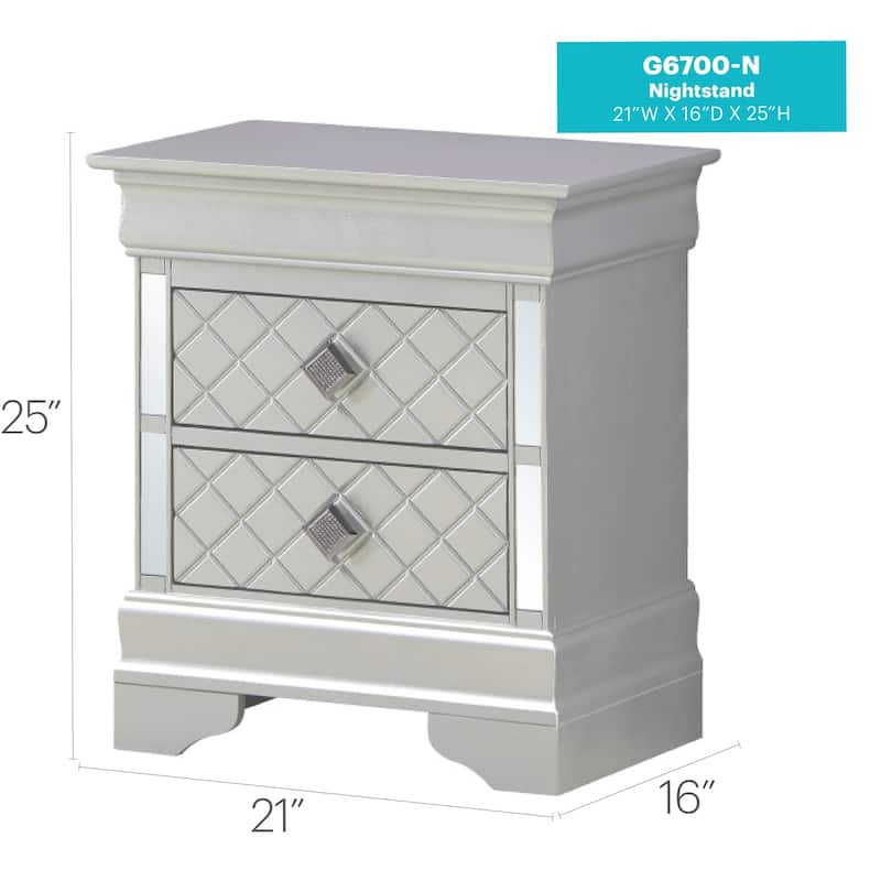 Silver Champagne Nightstand 24x21x16 with Two Spacious Drawers, Compact Bedside Table for Bedroom Storage and Transitional Style
