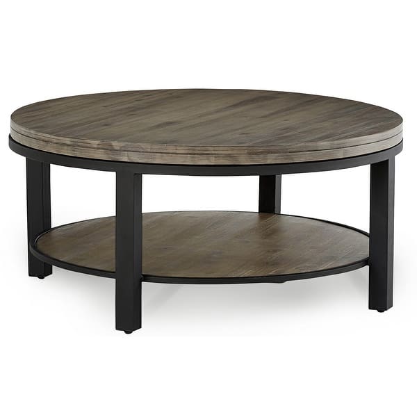 Cyon 40 Inch Round Coffee Table, Black Metal Frame, Gray Wood, Open