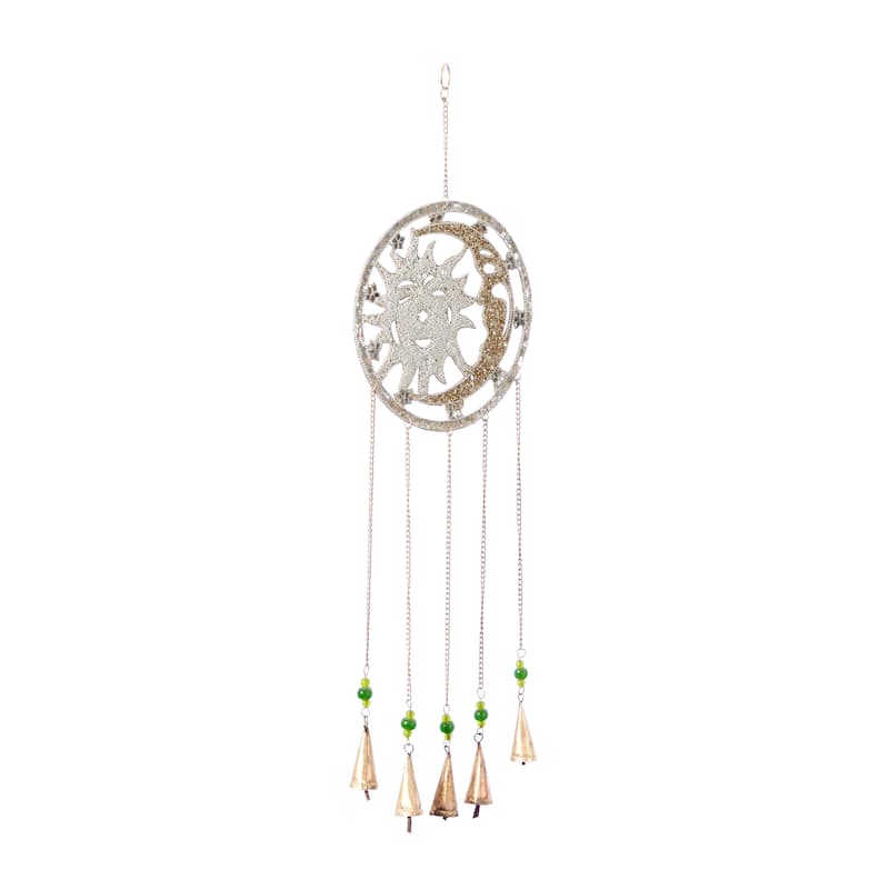 Silver Metal Indoor Outdoor Embellished Moon and Sun Windchime with Glass Beads and Bells - 10 x 1 x 31