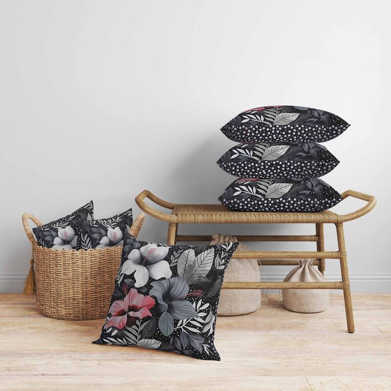 Floral Dots Faux Suede Reversible Throw Pillow Gray and Red