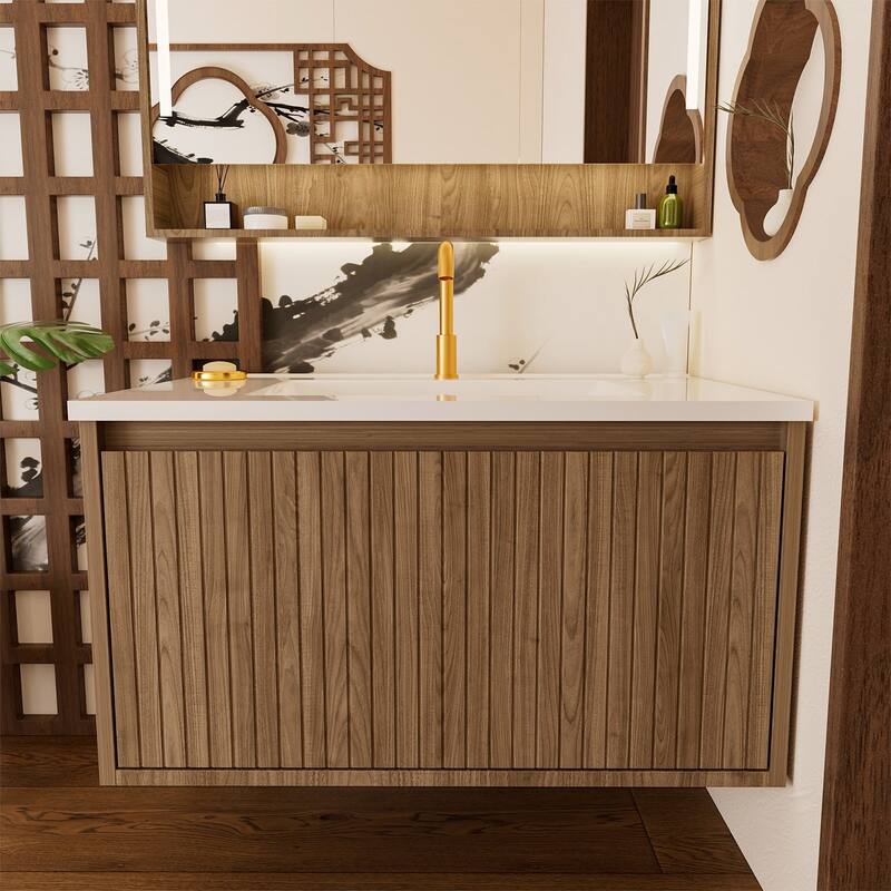 GDFStudio - Aero Modern Mid-Century Wall-Mounted Bathroom Vanity Base with Soft Close Drawer & Storage Spaces, WITHOUT Sink - 30" - Brown Oak