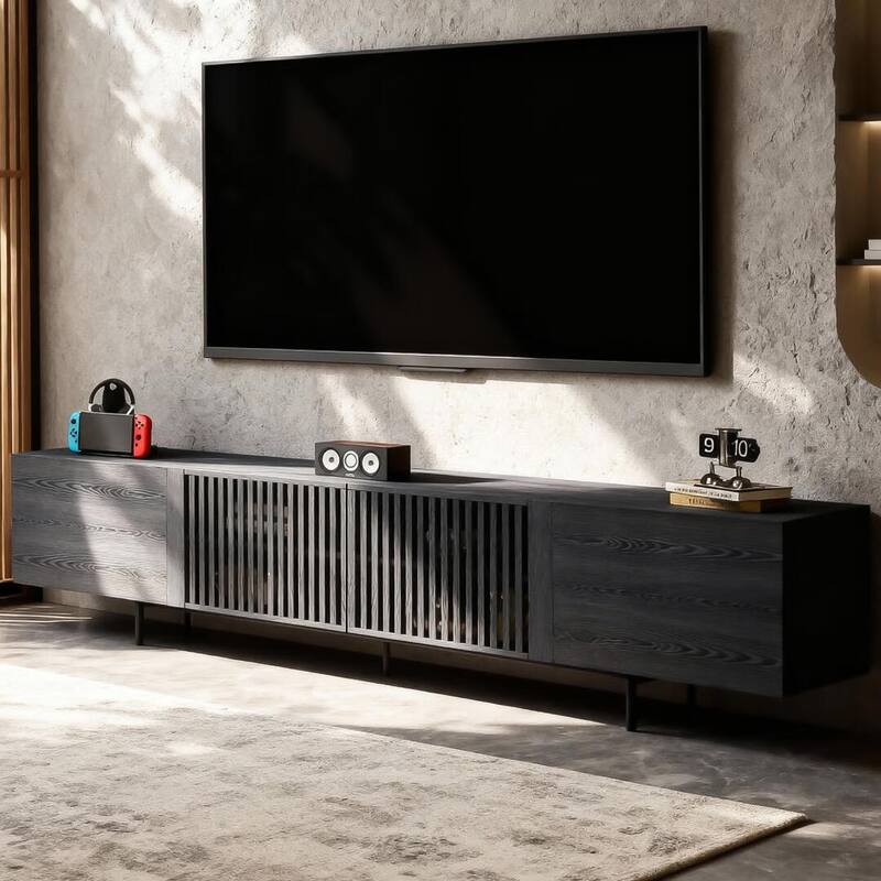 94.48 Inch Extra Long Black TV Stand with Slatted Doors, Modern Entertainment Center for TVs up to 100 Inches,