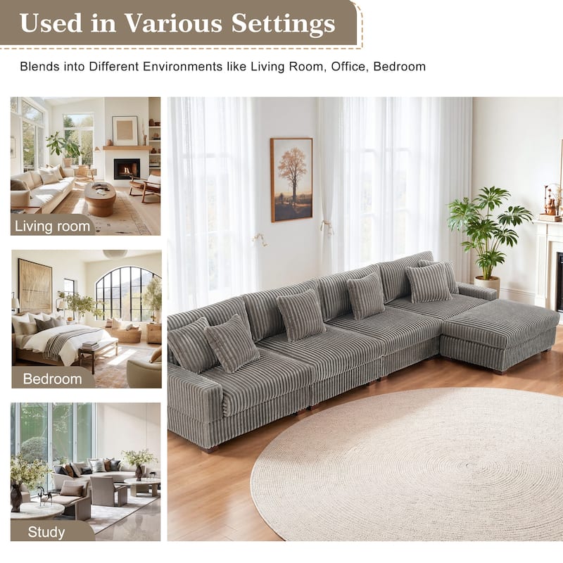 Anne 150" W Upholstered Plush Corduroy Modular Sectional Sofa