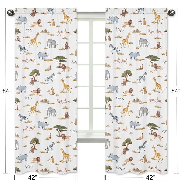 Jungle Animal 84in Window Treatment Curtain Panels Hunter Green Grey Black and White Safari Elephant Giraffe Lion Monkey Leopard