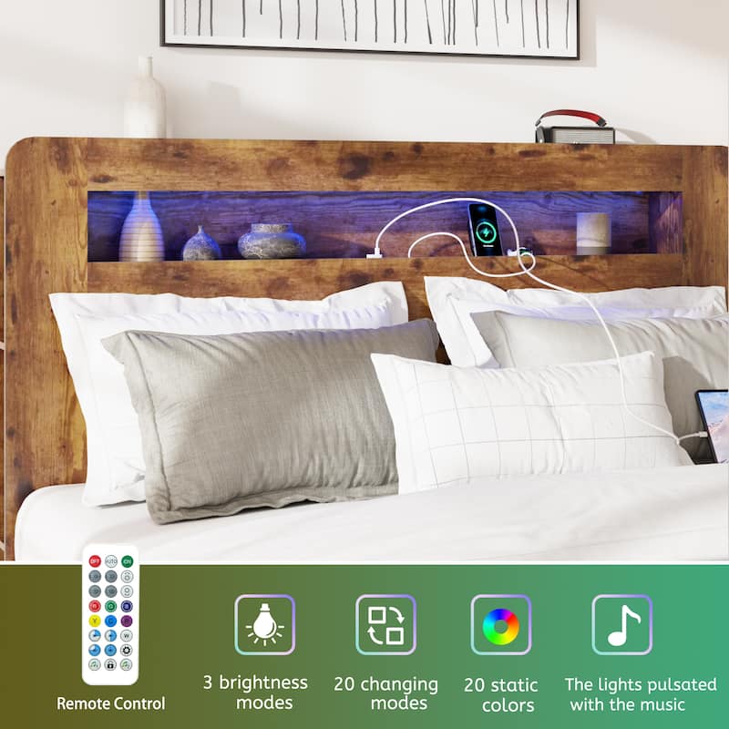 Wood Bed, Low Profile Platform Bed Frame with Storage Headboard Built-in LED Light and Charging Station