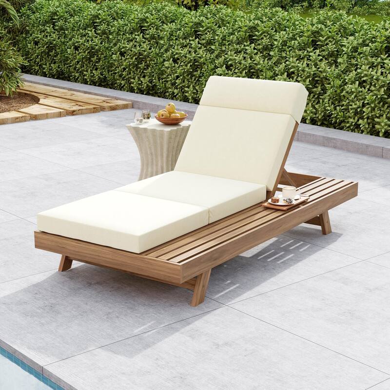 Outdoor Patio Acacia Wood Chaise Lounge Chair with Adjustable Backrest, Side Open Storage and Water-Repellent Cushions - 4" Triple Fold Beige - 1pc Light Brown