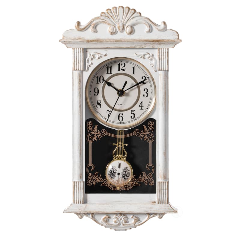 Clockswise Vintage Grandfather Wood-Looking Plastic Pendulum Decorative Battery-Operated Wall Clock Brown, for Home Decor - 16 Inch High - White
