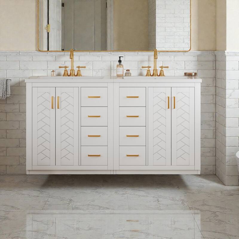 60 Inch Bathroom Vanity Set with Ceramic Sink, Solid Wood Frame Freestanding Cabinet with Soft Close Doors and Drawers