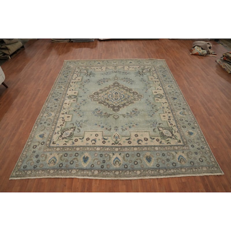 Hand Knotted Oriental 100% Wool Carpet Traditional Floral Greys & Charcoal Tabriz Area Rug - 11' 9'' X 9' 6''