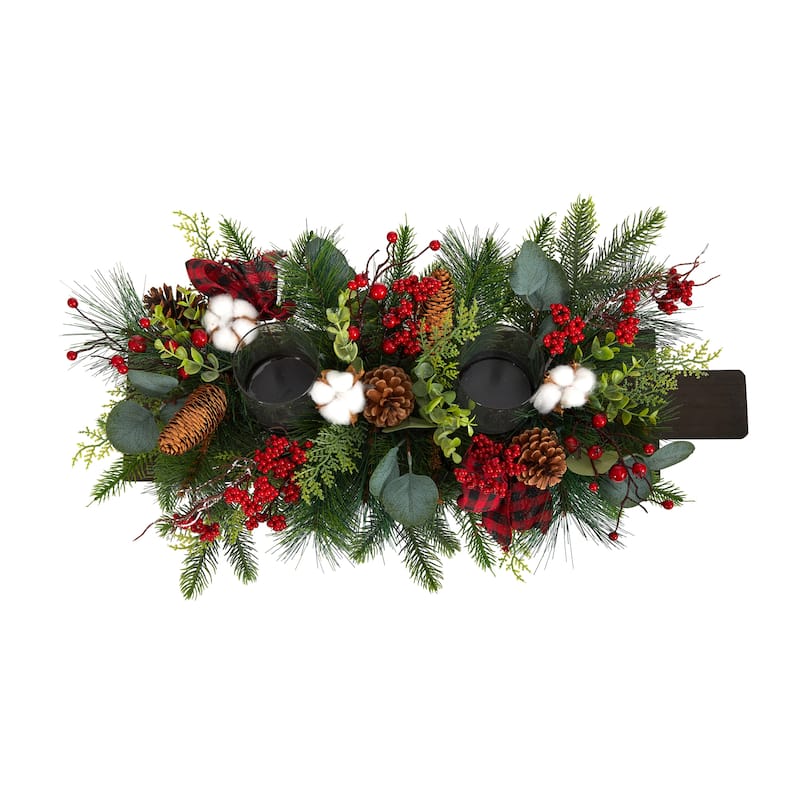 24” Artificial Berries and Pinecones with Bows Christmas Candelabrum
