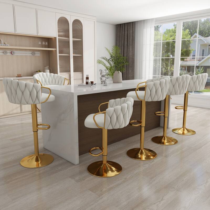 Set of 4 Bar Stool Adjustable Height Swivel Velvet Woven - Ivory - Set of 6