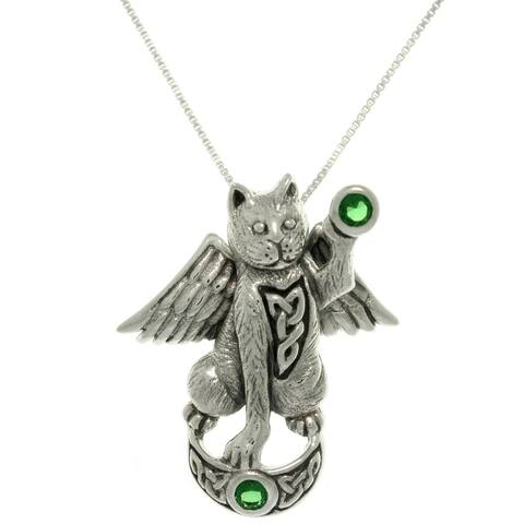 Silver Green Glass Angelic Celtic Cat Necklace