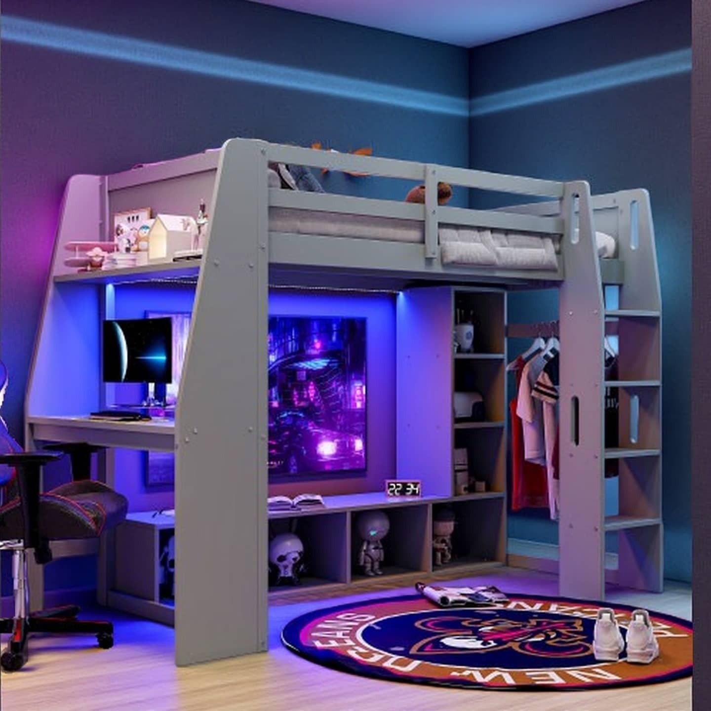 Full Size Wooden Loft Bed with Built-In Desk and Storage Cabinets, LED Lighting, Clothes Hanging Rail