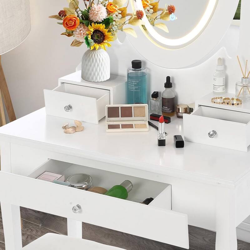 White Vanity Table with Oval Mirror and LED Lighted