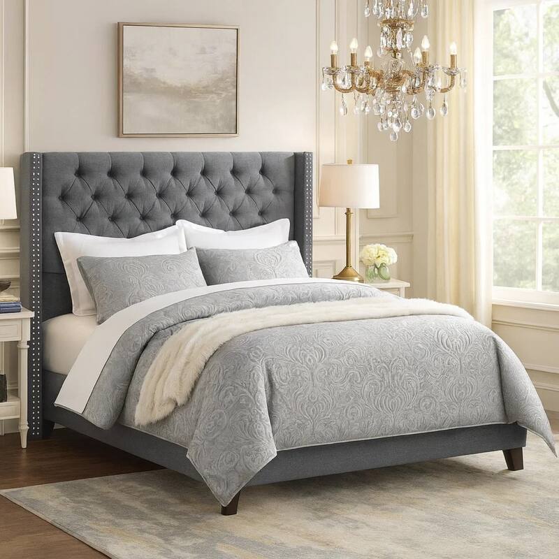 Polyfiber Upholstered Queen Size Bed Featuring Nail head Trim Blue Gray