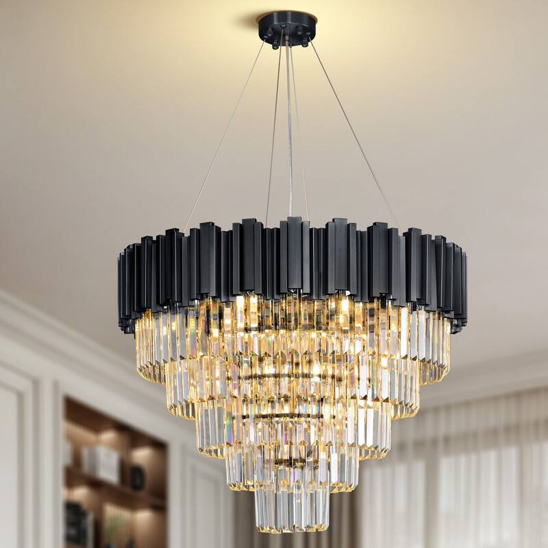 KAYLA Large Crystal Chandelier - 35.4"Modern 6-Tier 17-Light Chrome Ceiling Light, Luxury K9 Crystal - 27.5in - Black