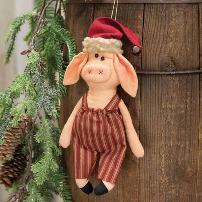 Stuffed Santa Pig Ornament in Ticking Stripe Overalls Hanger - 4" x 1" x 9"