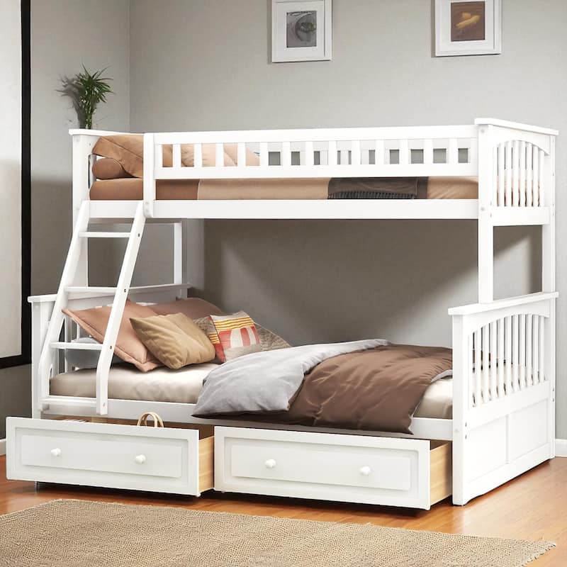 Twin over Full Bunk Bed with Drawers, Convertible to 2 Beds, Pine/MDF, Staircase & Guardrails, 79.7 x 57.5 x 61.2 in - White - Full