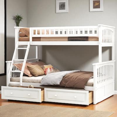 Twin over Full Bunk Bed with Drawers, Convertible to 2 Beds, Pine/MDF, Staircase & Guardrails, 79.7 x 57.5 x 61.2 in