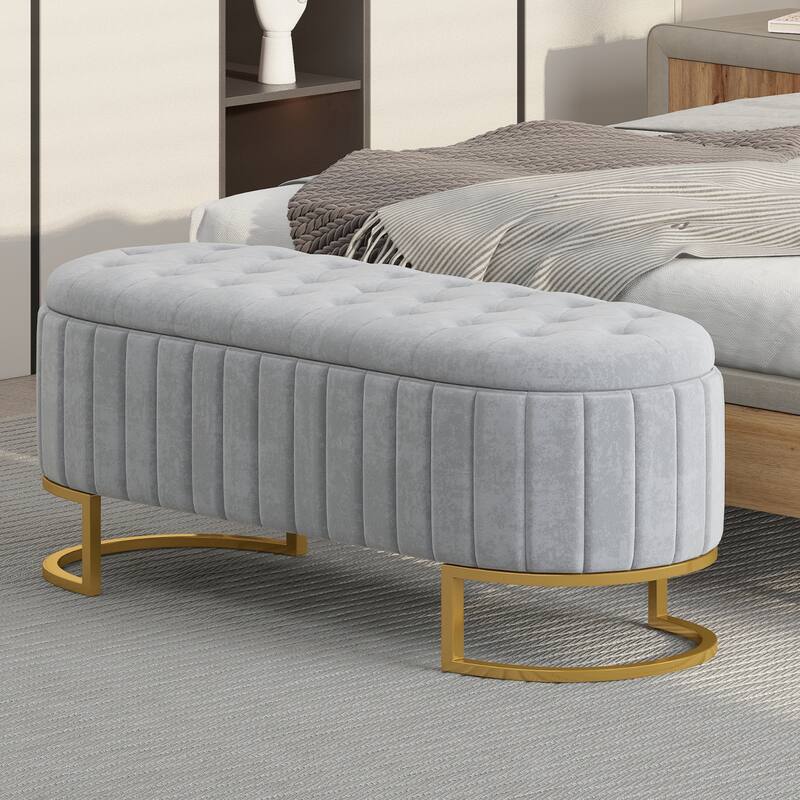 Elegant Velvet Storage Ottoman with Button-Tufted Top, Metal Legs