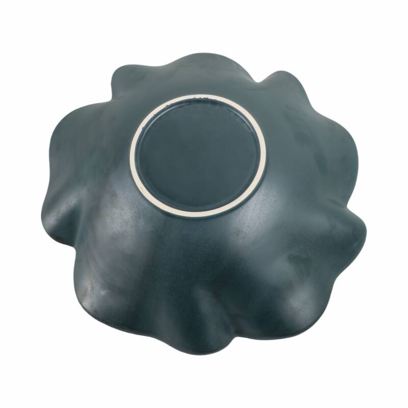 Decorative Round Wavy Edge Glazed Pottery Bowl - 16", Blue - 15.5"