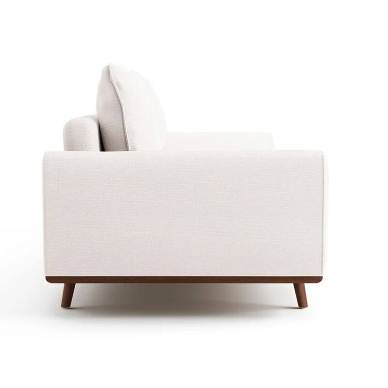 Yaana Sofa with Feather Blend Pillows, Dark Brown Wood, White 83 Inch
