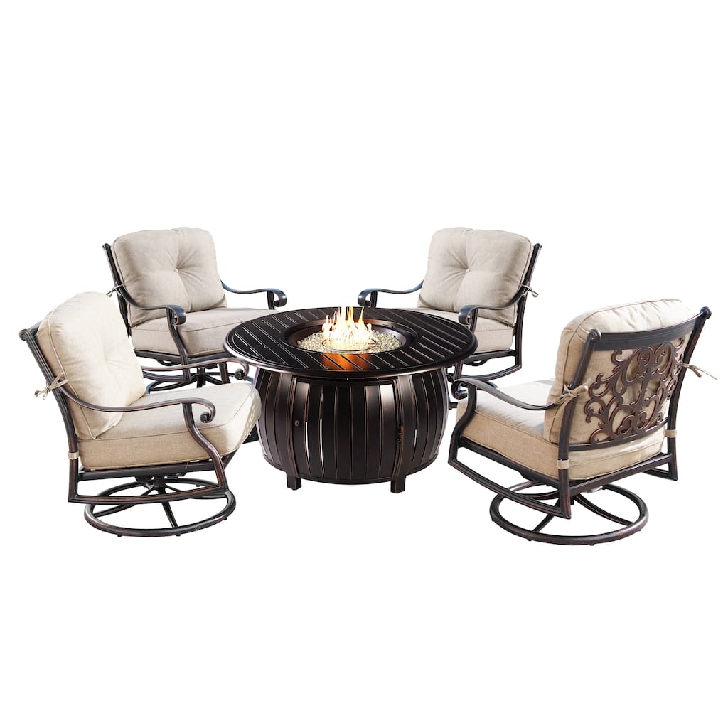 Outdoor Aluminum 44 in. Round Fire Table Set with Four Deep Seating Swivel Rocking Chairs & Accessories