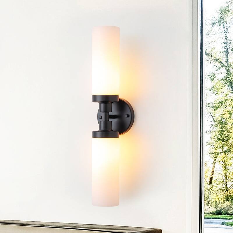 Modern 2-Light Cylinder Milk Glass Vanity Light - Matte Black