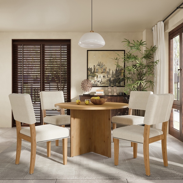 Merax 5 Piece Round Dining Table Set with 4 Upholstered Dining Chairs 46.5 Round Pedestal Kitchen Table Furniture Set Bed Bath Beyond 42434287